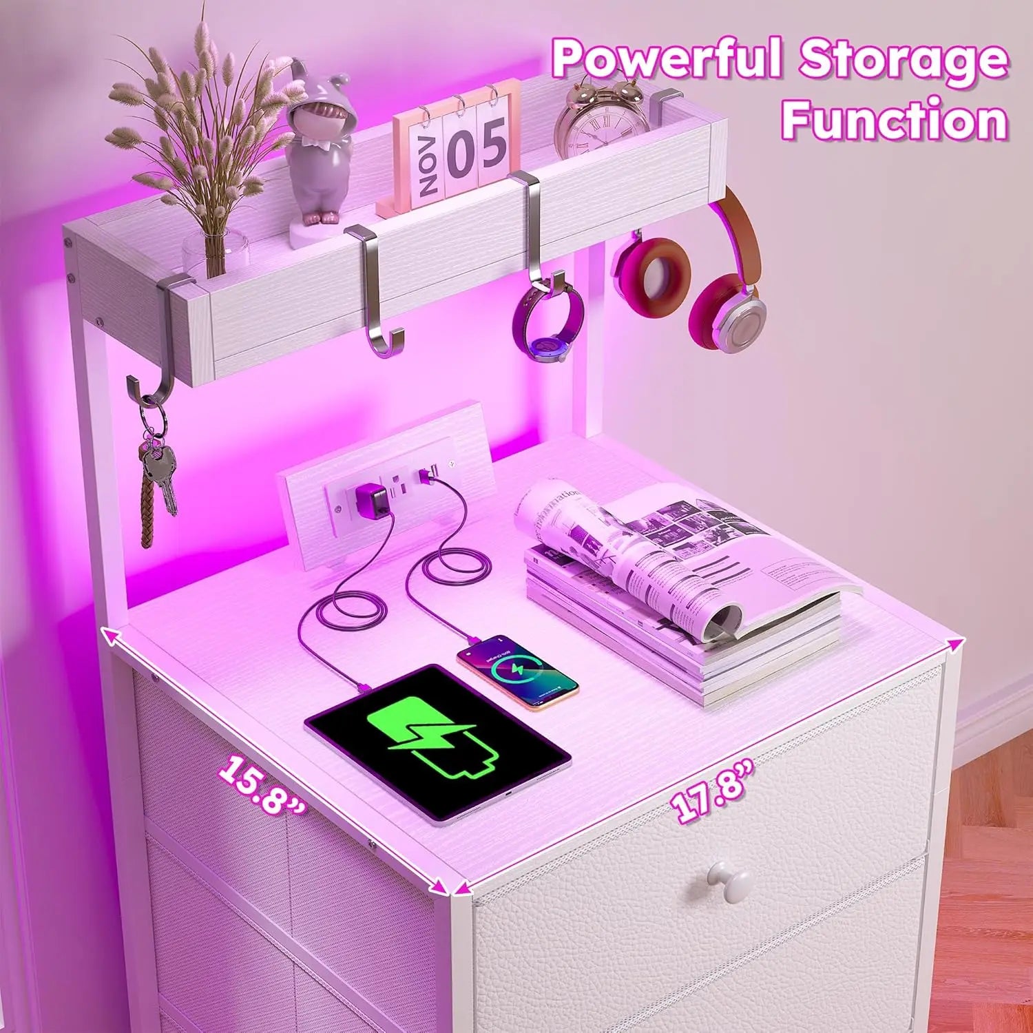 Nightstand with Charging Station & Led