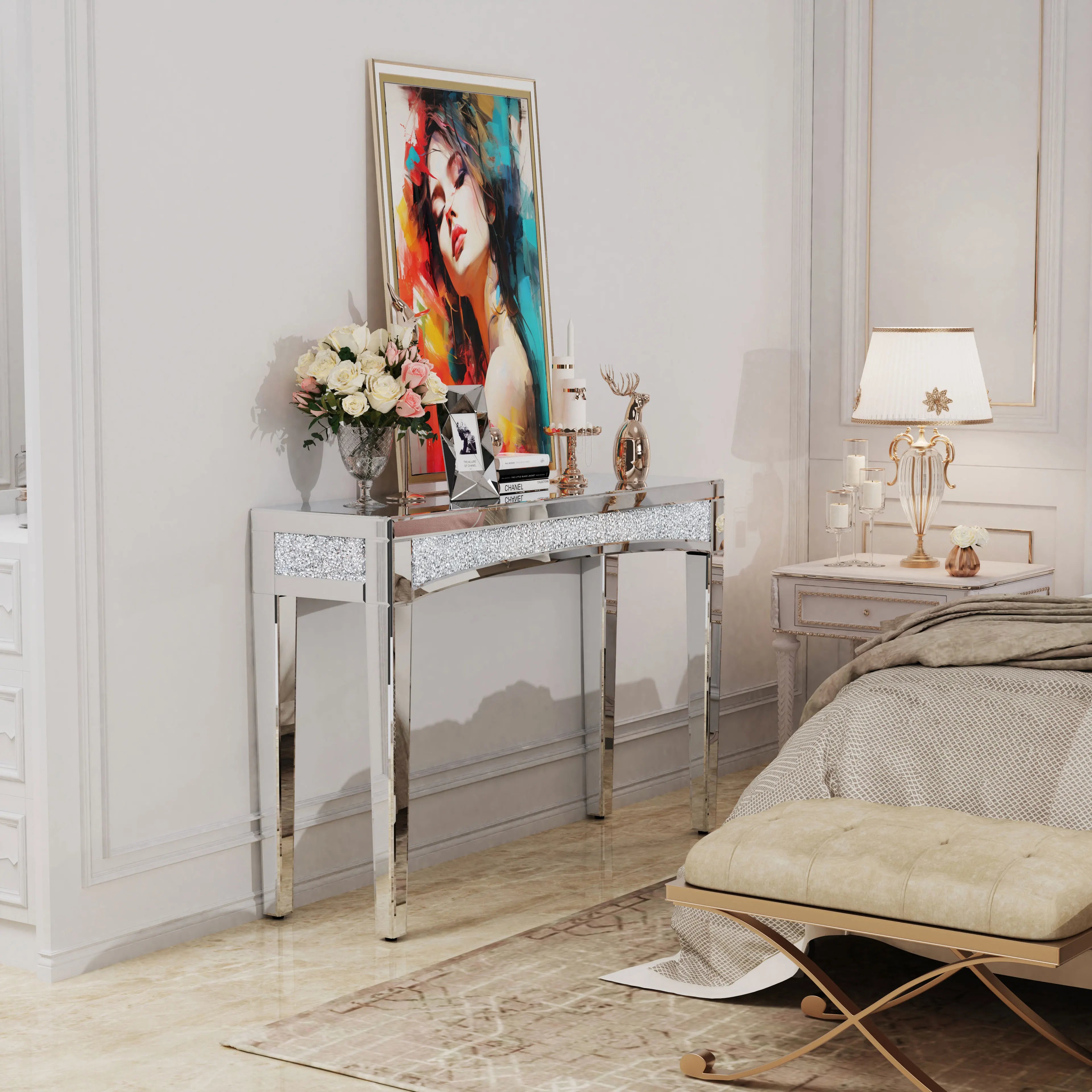 47.2" Mirrored Desk Silver Console Table