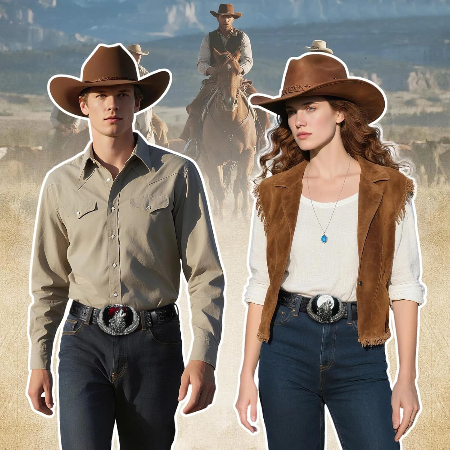 Western Men's Retro Belt Wolf Head