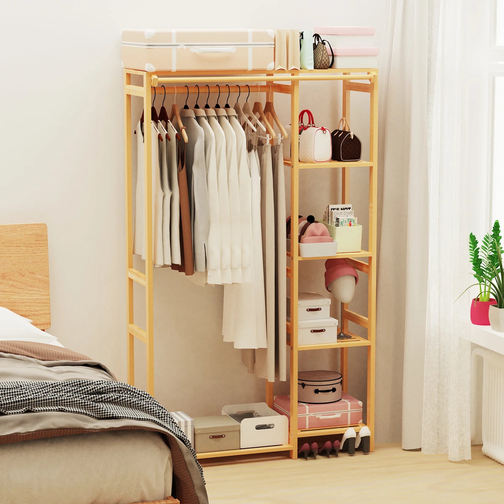 6 Tier Bamboo Garment Rack Open