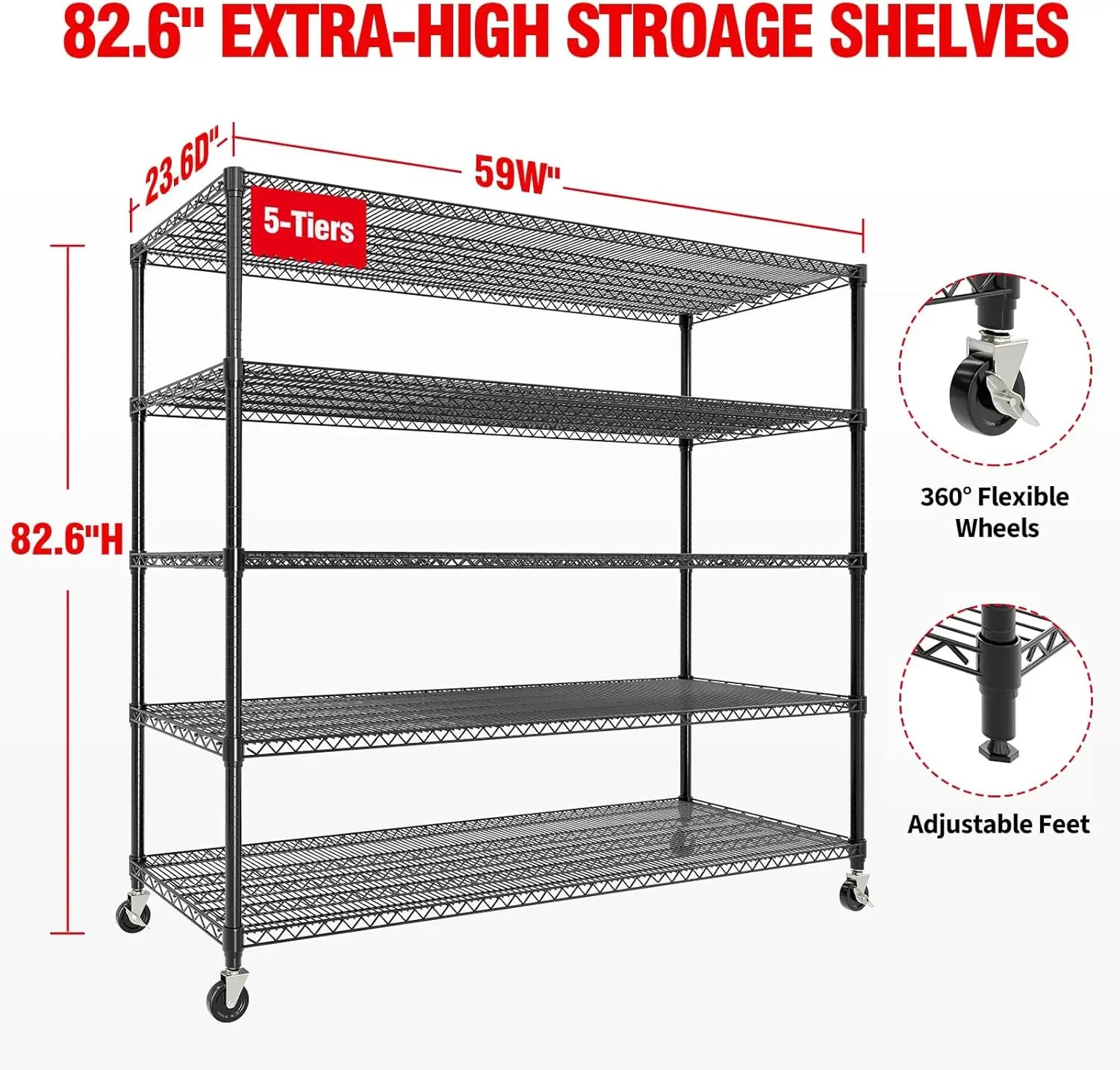 5-Tier Commercial Storage Shelves Unit with Wheels