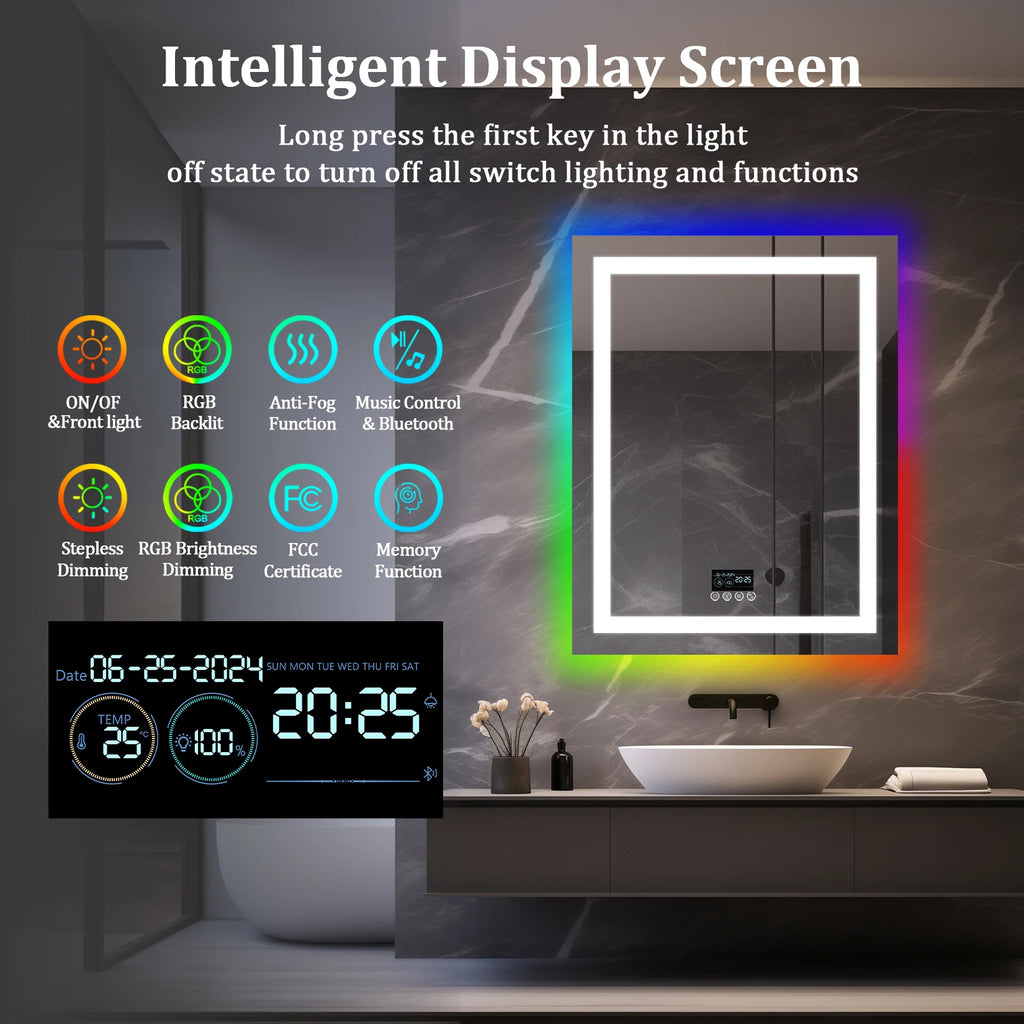 Rectangular RGB Bathroom Mirror With Bluetooth Speaker