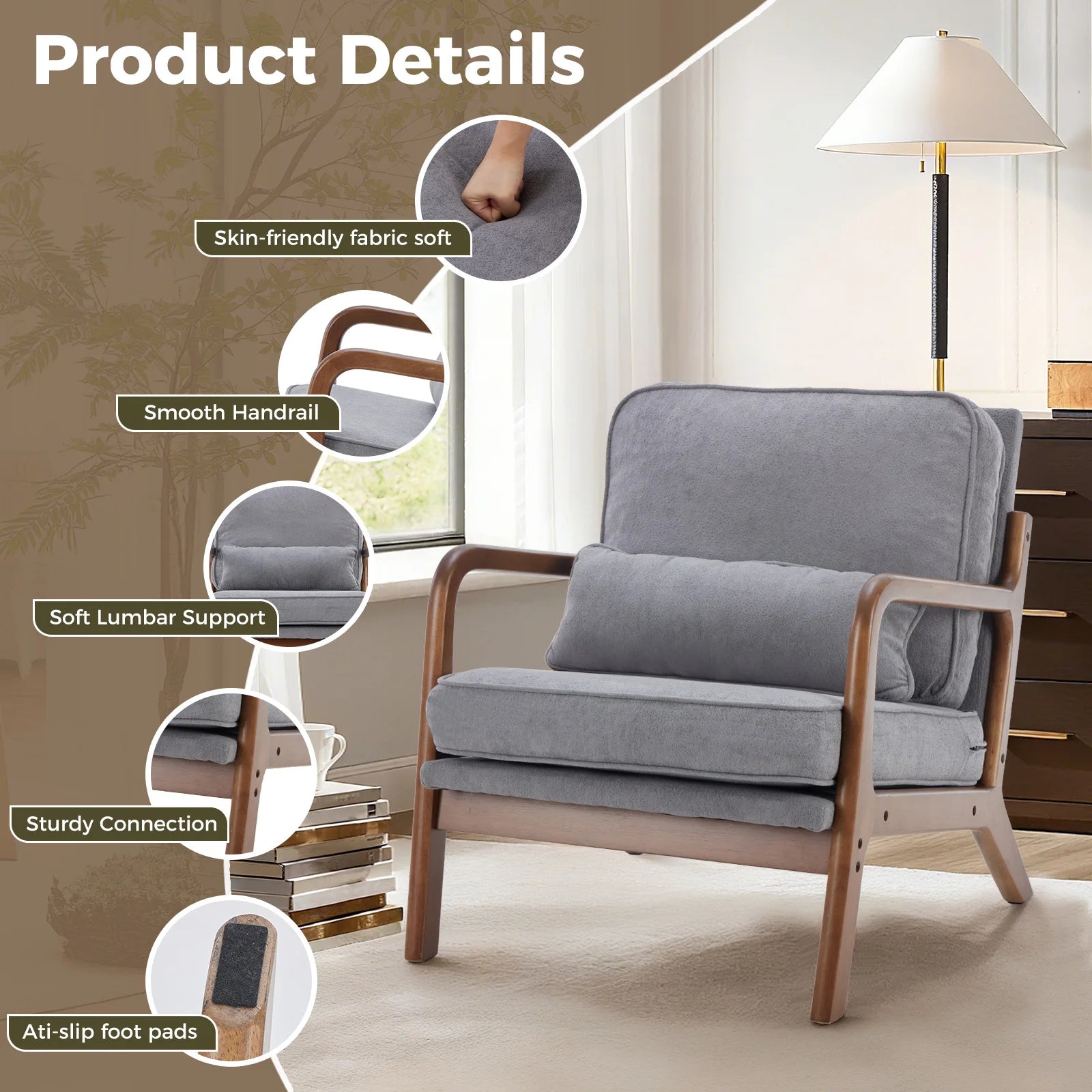 Wooden Chair with Arms and Waist Cushion