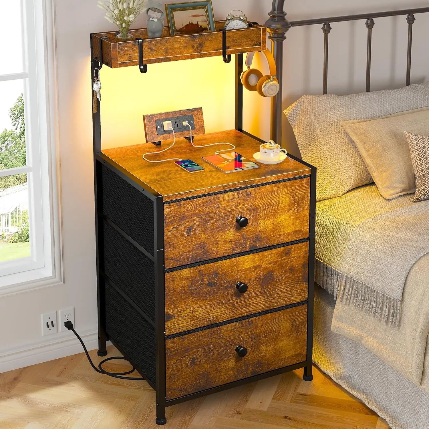 Nightstand with Charging Station & Led