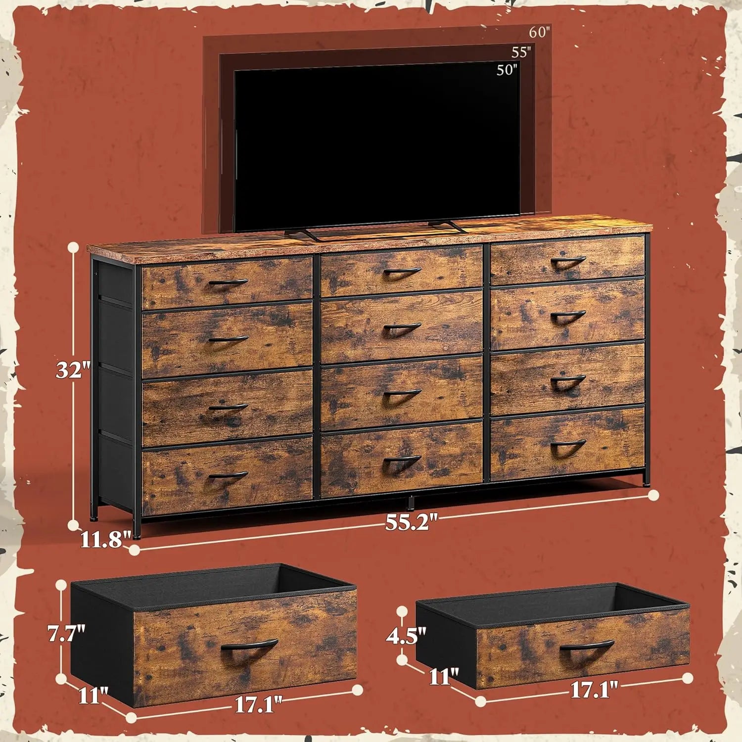 55" Dresser for Bedroom with 12 Drawers