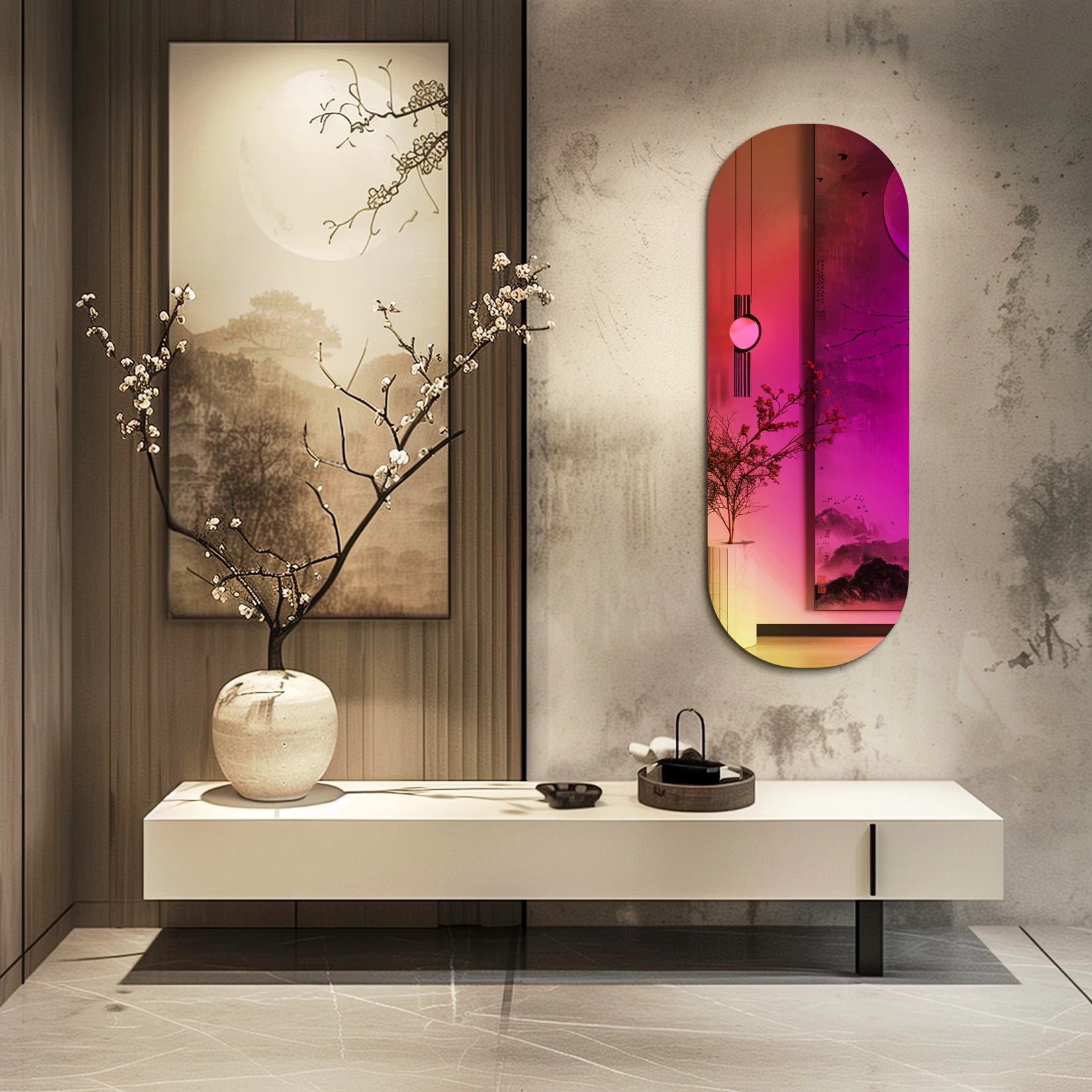 Wall Mirror Colorful Gradients Decor 17.5”x47.2” Oval Mirror long Modern Art Rainbow Wall for Living Room,Dining Room