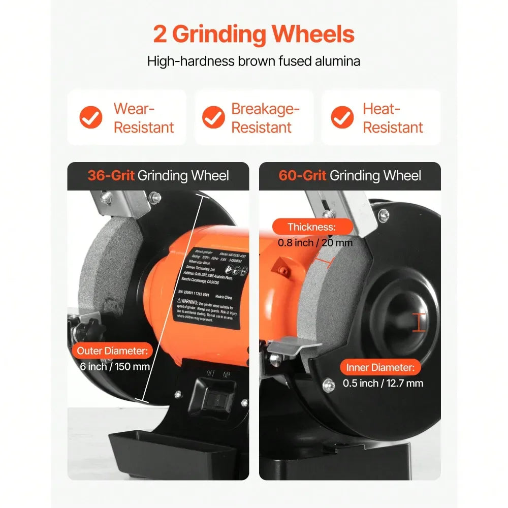 6Inch Single Speed Bench Grinder, 3450RPM