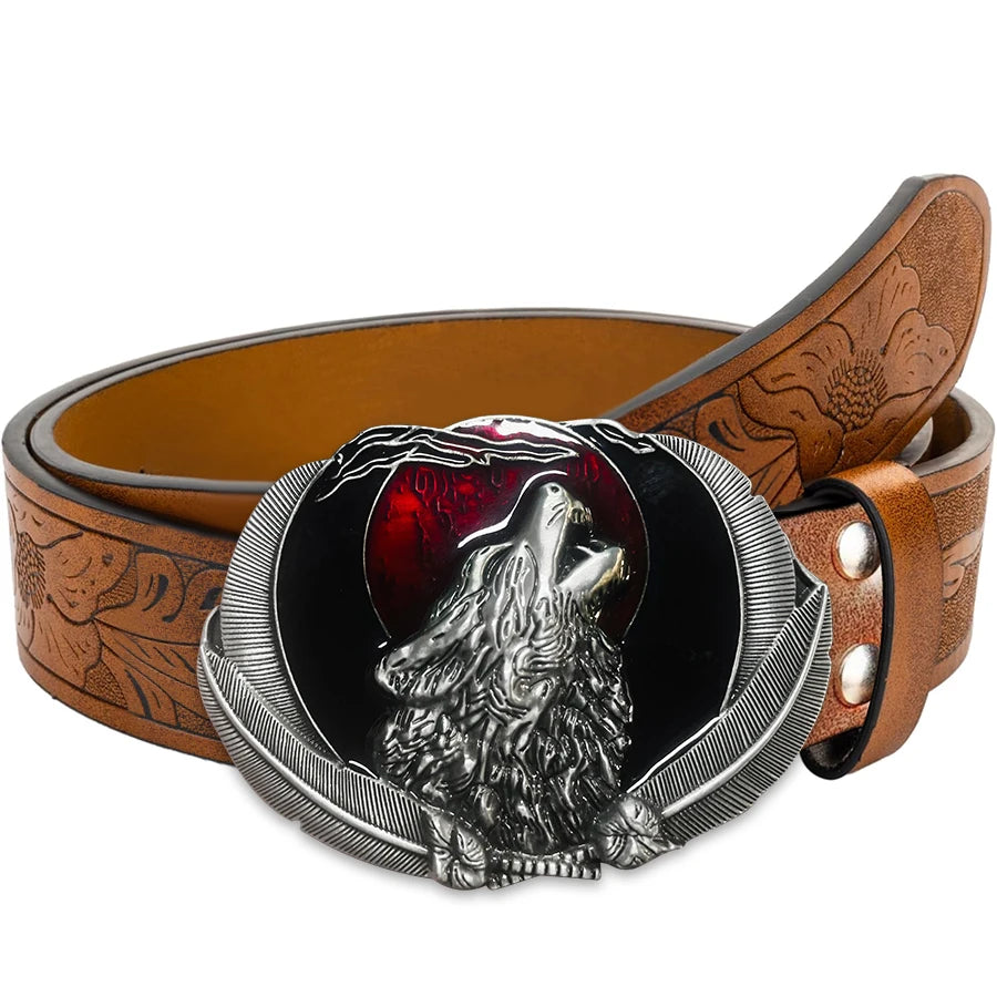 Western Men's Retro Belt Wolf Head