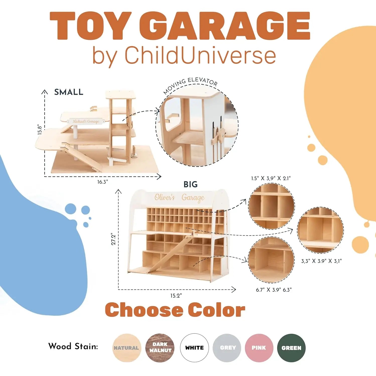 Wooden Toy Parking Garage with Elevator Storage