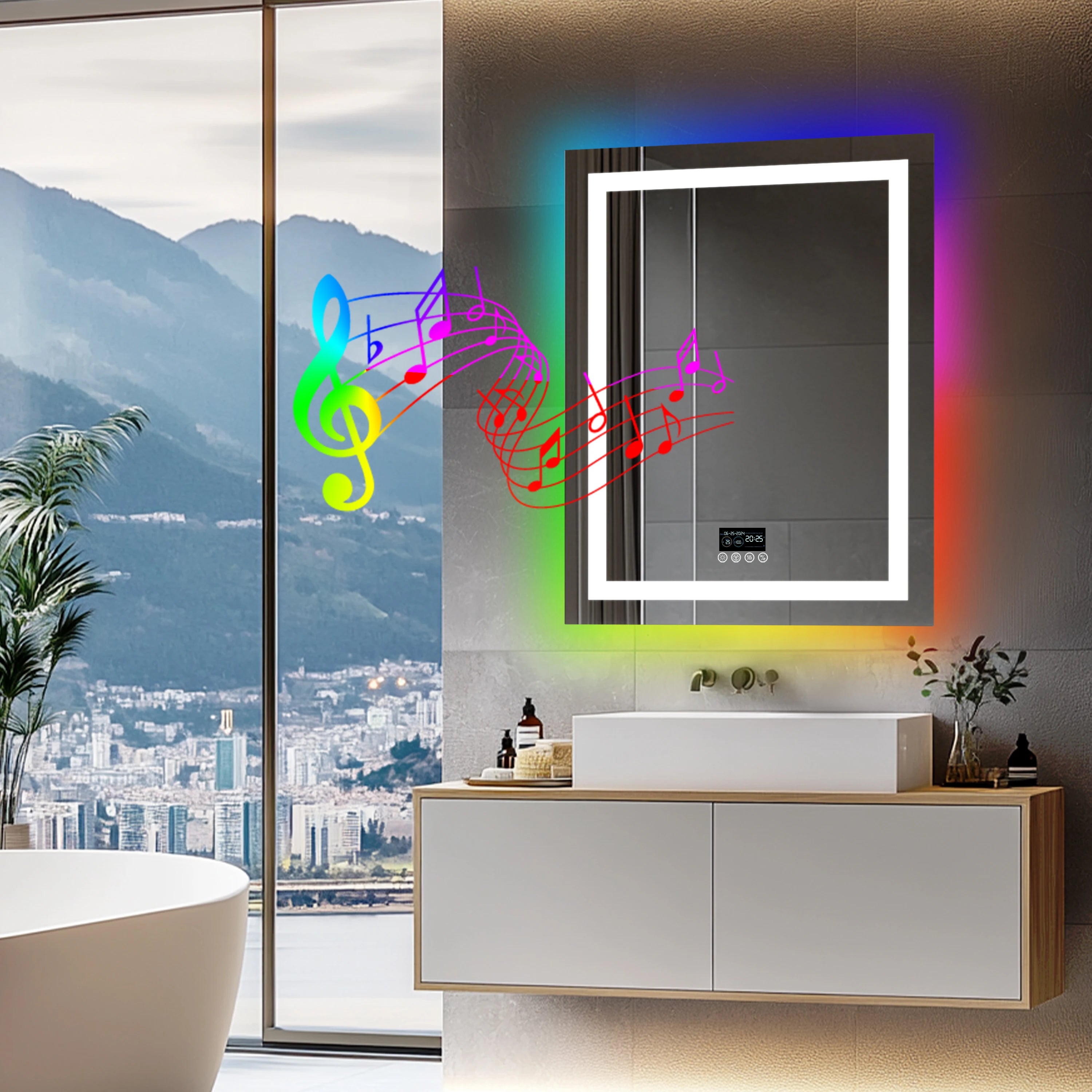 Rectangular RGB Bathroom Mirror With Bluetooth Speaker